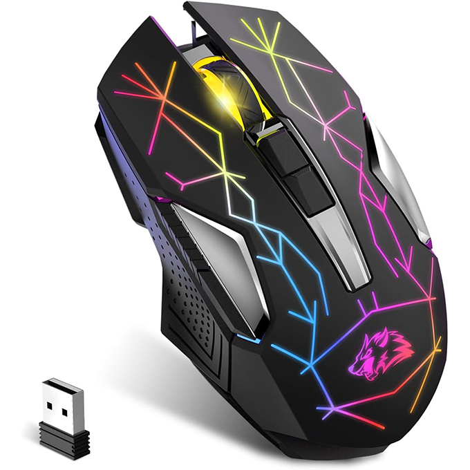 KUIYN X18 Souris de Jeu sans Fil 2,4 G, Rechargeable, 600 mAh Ultra Longue durée de Vie, 7 Couleurs RVB, 2400 DPI, économie, clic Silencieux, récepteur USB pour PC/Mac/PS4/Xbox