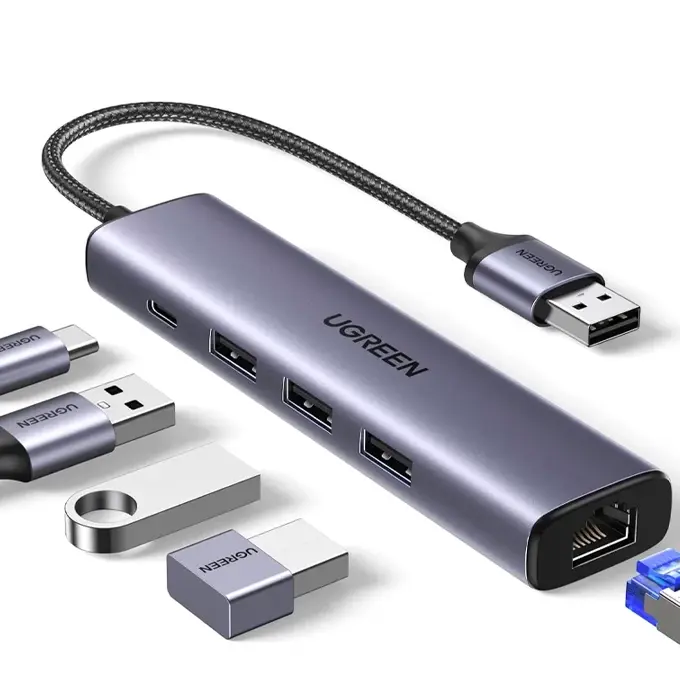RJ45 Gigabit + 3x USB 3.0 depuis un seul port USB-A — internet filaire stable et plus de ports en un hub