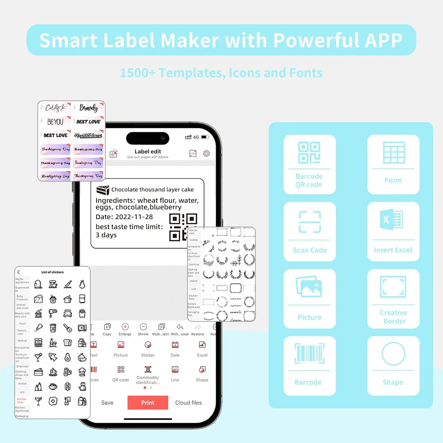 App mobile — 1500+ modèles, codes-barres, QR codes et import Excel