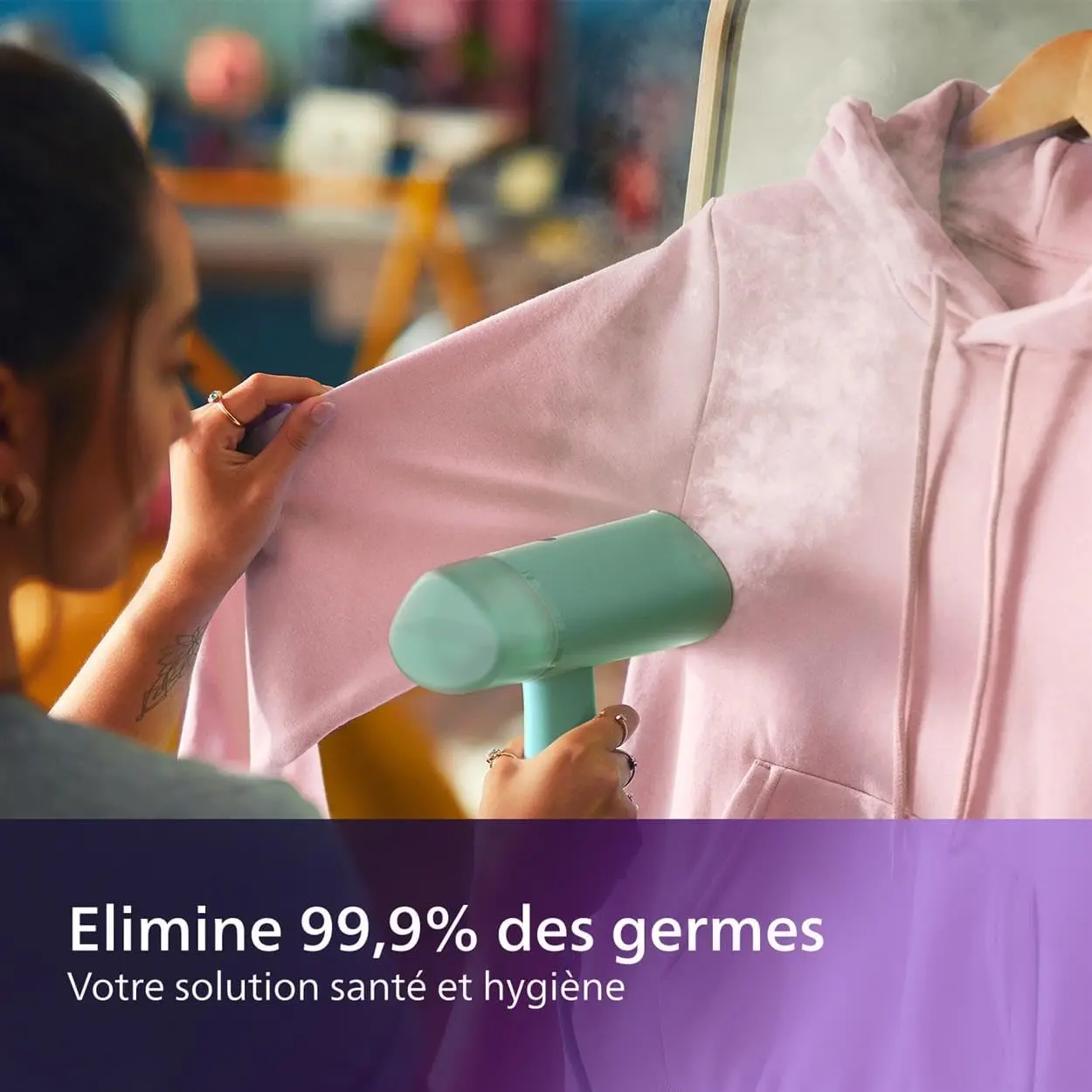 Élimine 99,9% des germes — la vapeur défroisse et hygiénise en même temps