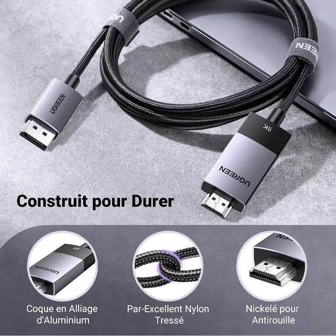 Aluminium + nylon tressé + nickelé — construit pour durer dans votre setup bureau ou gaming