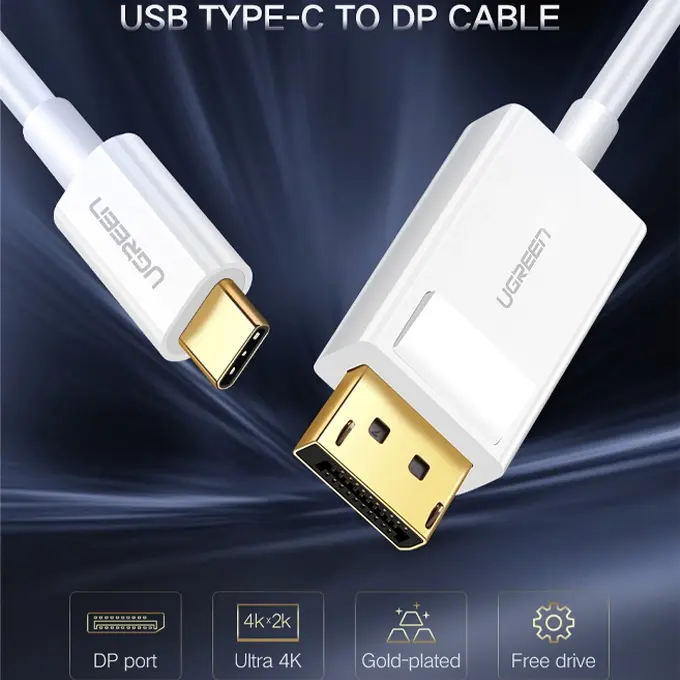 USB-C vers DisplayPort — 4K Ultra HD, connecteurs dorés, câble blanc — MacBook sur moniteur DP en direct