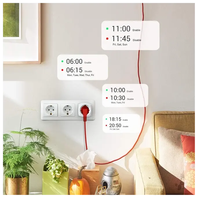 Programmez vos horaires hebdomadaires — lampe allumée à 6h, ventilateur éteint à 20h, automatiquement chaque jour