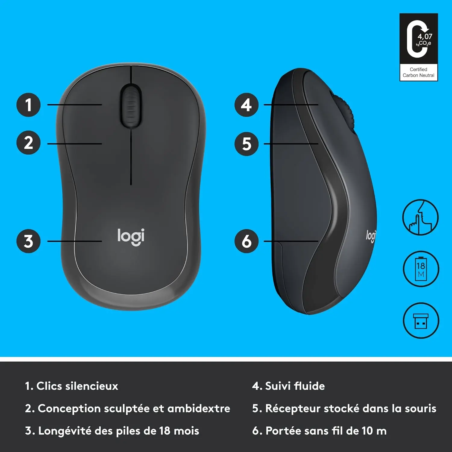 Clics silencieux · Ambidextre · 18 mois pile AA · Récepteur stocké dans la souris · Portée 10m — la M220 complète dans ses détails