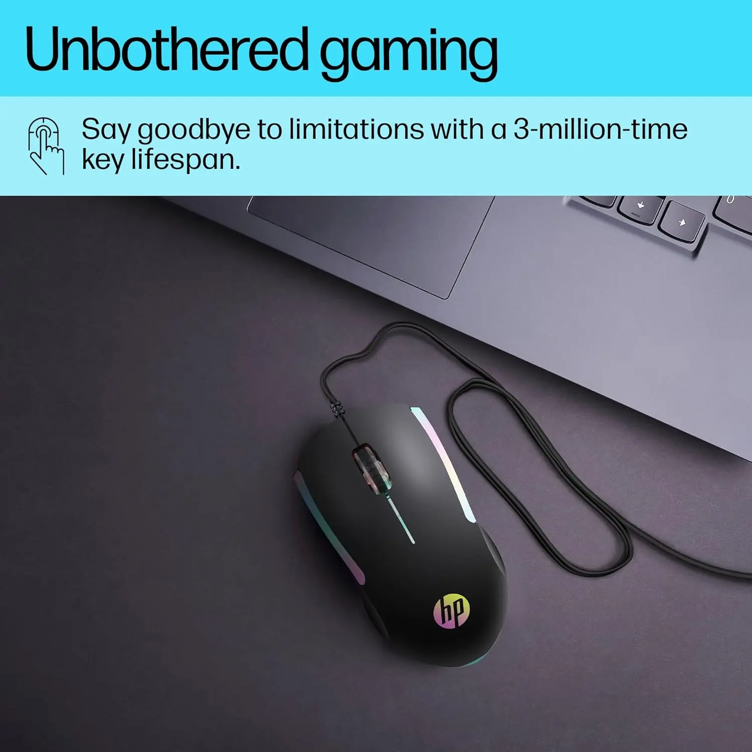 HP M160 gaming RGB — 'Unbothered gaming', 3 millions de clics, rétroéclairage arc-en-ciel, câble USB, compatible laptop et PC de bureau