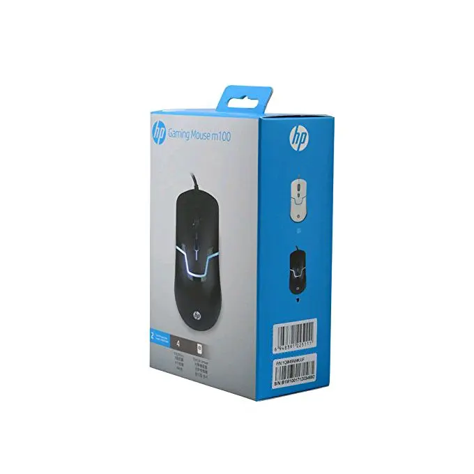 HP M100 Gaming Mouse — boîte retail HP, LED bleue, câble USB, design noir gaming — souris HP M100 dans son emballage d'origine