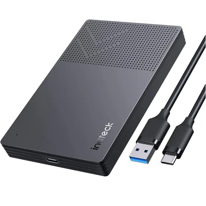 Câble USB-A vers USB-C inclus, perforations ventilation, LED indicateur — disque externe 2.5 pouces SATA prêt à l'emploi