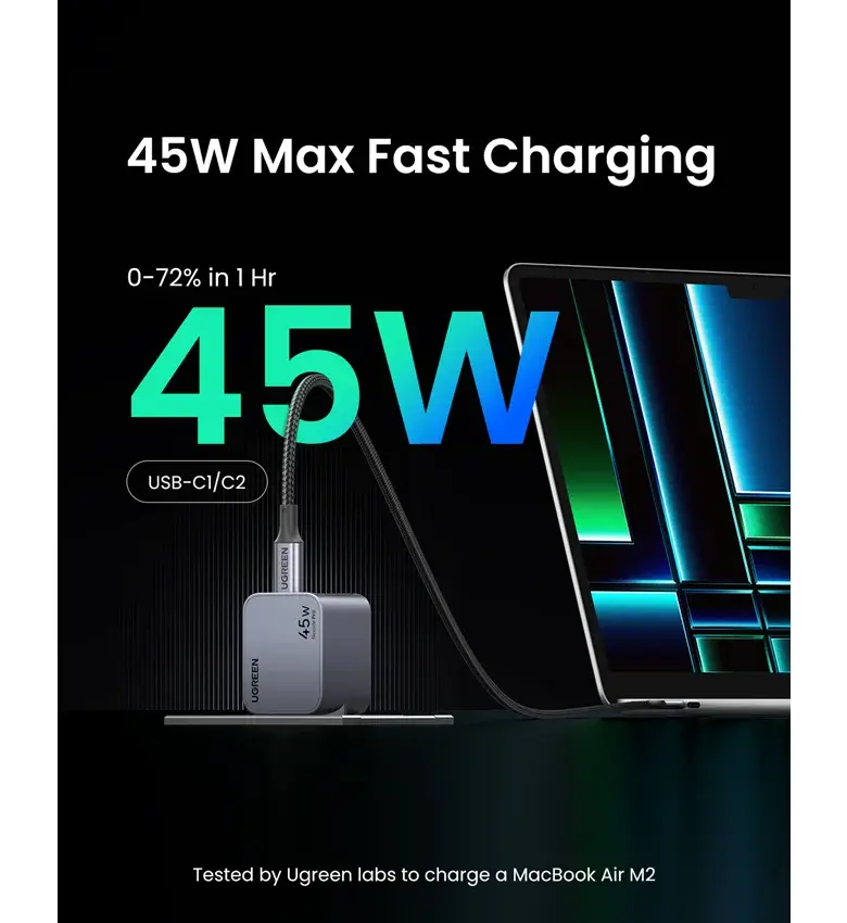 45W GaN — MacBook Air M2 à 72% en 1 heure depuis un chargeur de la taille d'une boîte d'allumettes