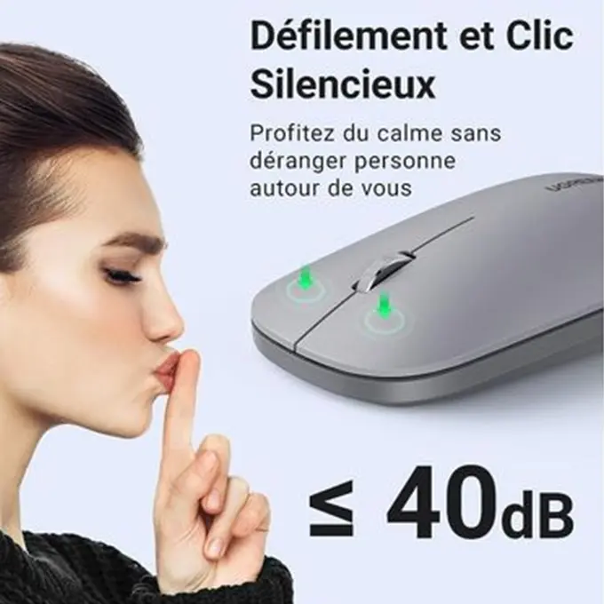 Défilement et clic silencieux ≤40dB — UGREEN MU001 gris argent ultra-slim, LED indicateur vert, mesure acoustique certifiée
