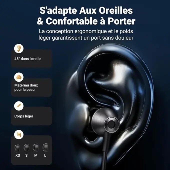 45° dans l'oreille, 4 tailles d'embouts, corps léger — confort toute la journée pour toutes les oreilles