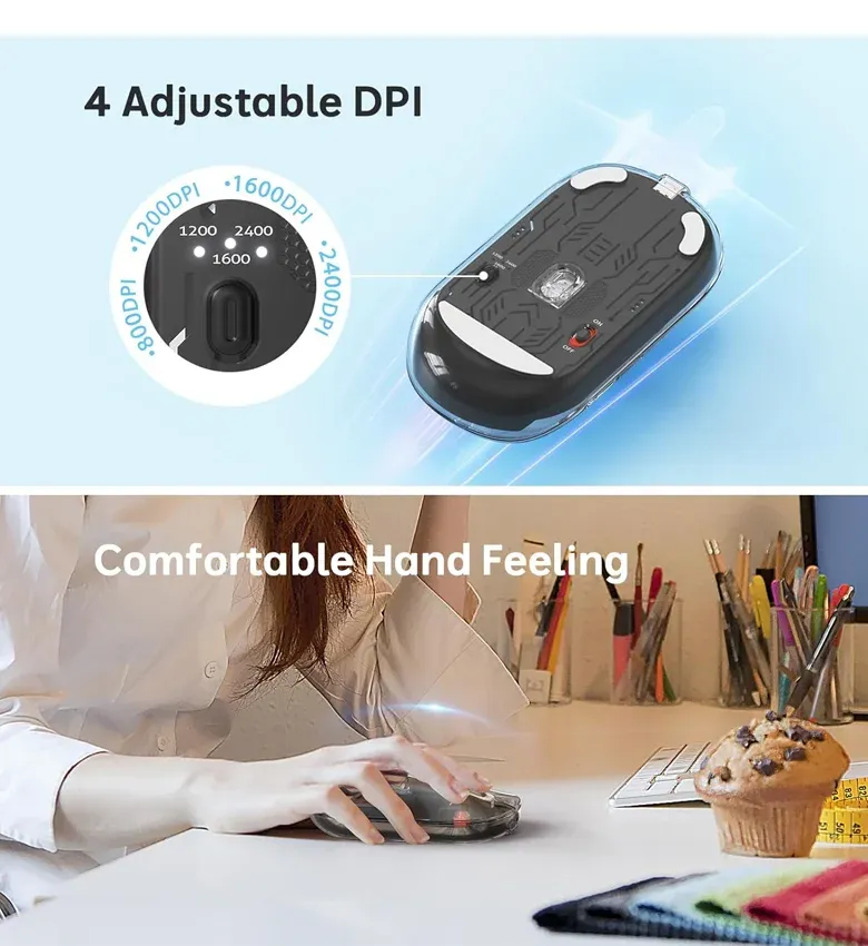 4 niveaux DPI ajustables 800/1200/1600/2400 · Clic silencieux · Confortable en main droite comme en main gauche
