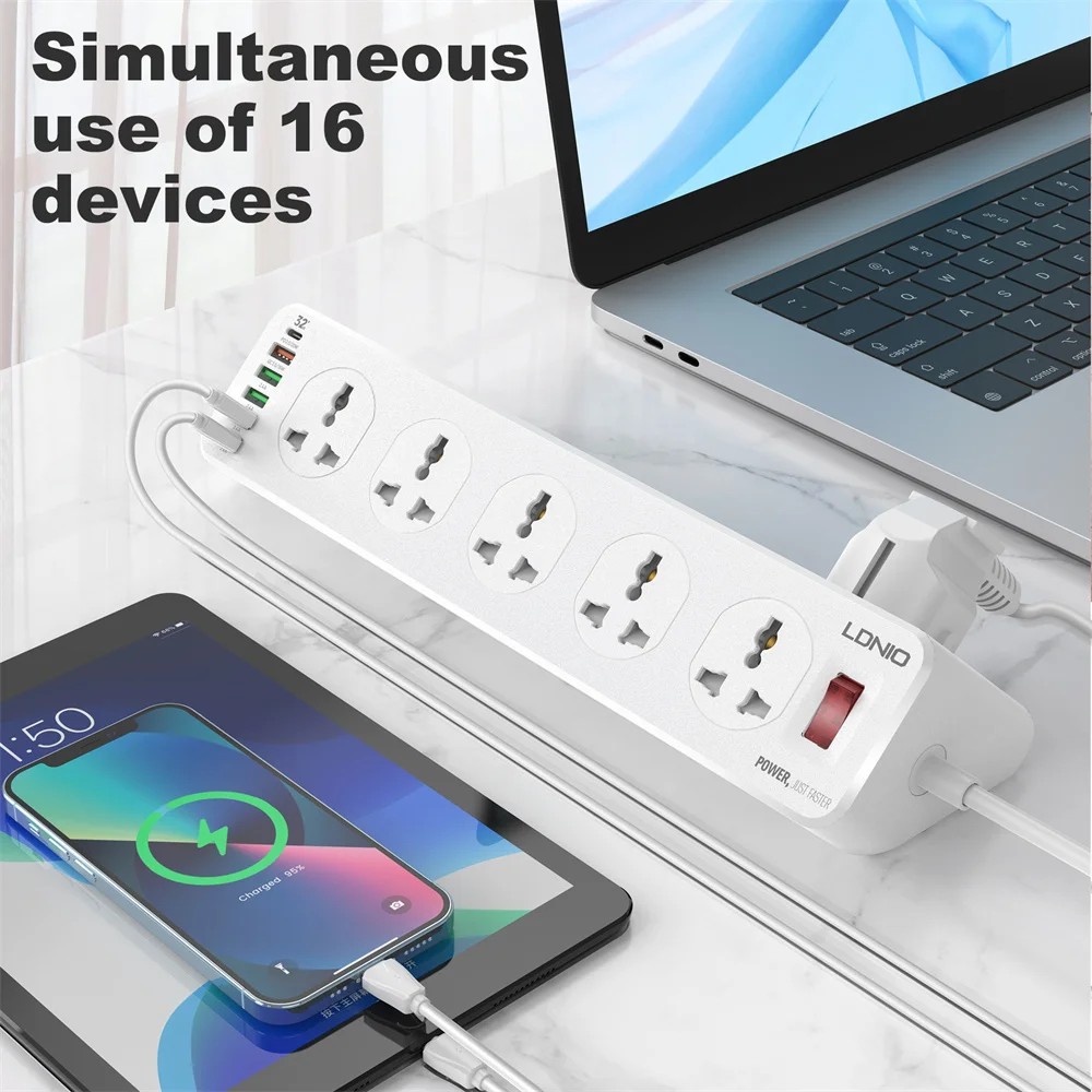 16 appareils simultanés — 5 prises universelles + 4 USB Quick Charge dans une seule multiprise