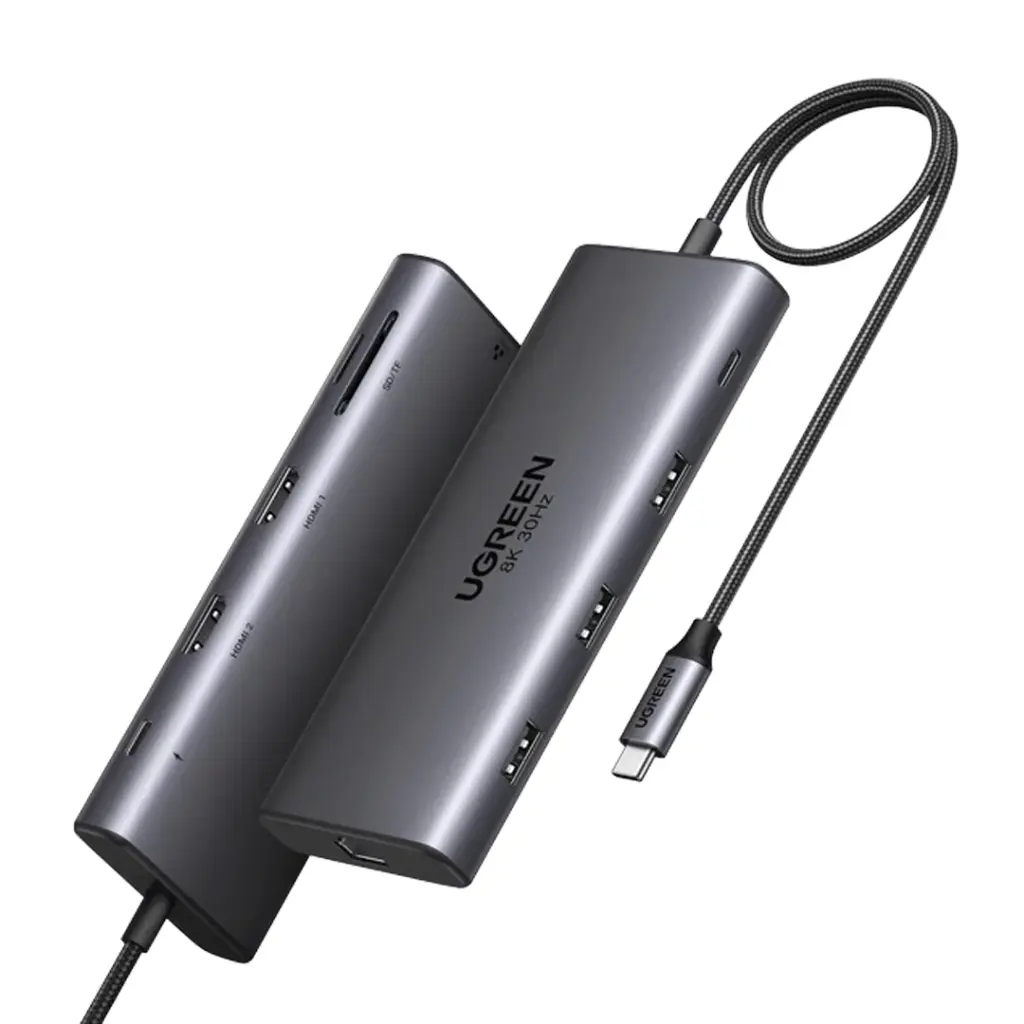 [CM639 15534 - 10 Ports] UGREEN CM639 15534 - 10 Ports  | USB C → 2x USB 2.0, USB 3.0, USB-C, USB-C Charge 100W, HDMI 1 8K 30Hz, HDMI 2 4K 60hz, Lecteur SD / Micro SD, RJ45 Gigabit - Repartiteur , Switch HDMI