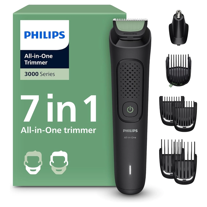 Philips Tondeuse tout-en-un Multigroom série 3000 7 accessoires - Tondeuse pour barbe et cheveux, Lames auto-affûtées respectueuses de la peau, 10 hauteurs de coupe, Modèle MG3930/15