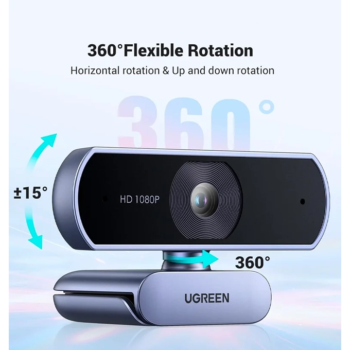 Webcam USB Full HD 1080P — Rotation 360°, Double Microphone, Plug & Play | Visioconférence